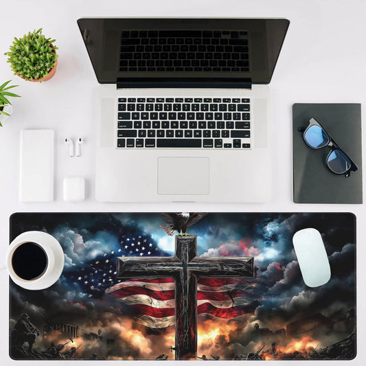 Mouse Pad Large A Cross with an Eagle Non-Slip Game Desk Mat with Stitched Edge Laptop Keyboard Desk Pad for Work Home Gaming (35.4 x 15.7 Inches)