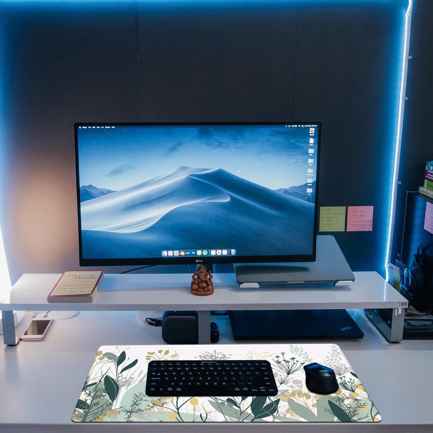 Desk Mat, Green Gold Plant Leaves Desk Pad, Wildflowers Large Gaming Mouse Pad for Desk, 31.5"x15.7" Extended Big Computer Keyboard Mouse Pad with Non-Slip Base and Stitched Edge