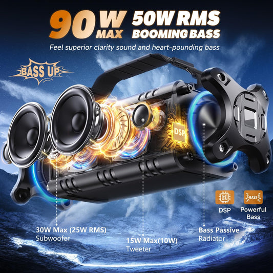 W-KING Bluetooth Speaker, 90W Max Loud Portable Speakers Bluetooth Wireless, IPX6 Waterproof Outdoor Speaker with 50W Deep Bass/2 Powerful Subwoofer/40H/Power Bank/EQ/TF/AUX/NFC for Pool/Party/Travel