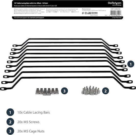 StarTech.com Horizontal Lacing Bar (10 Pack) w/ 4 inch Offset at 75 Degrees- Server Rack Cable Management - 19" Network Rack-Mount Cord Organizer Bars, TAA (CMLB104)