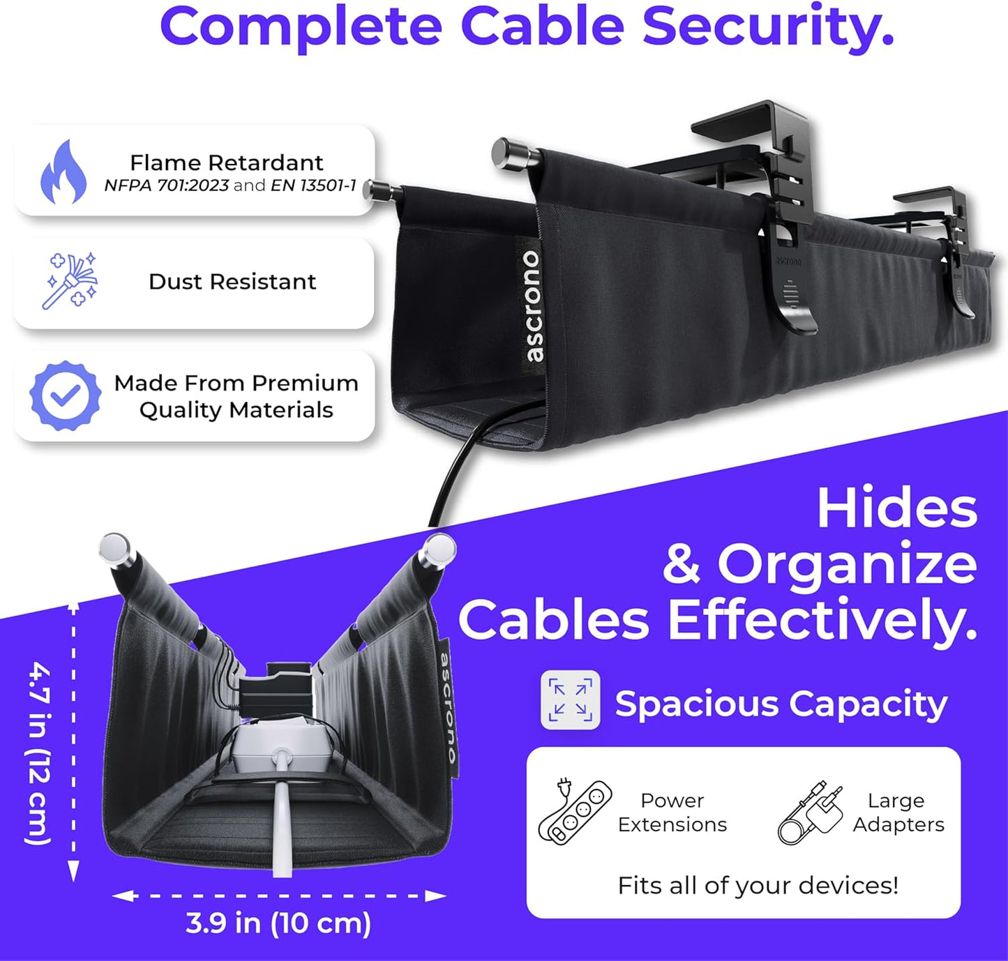 Ascrono Original No Drill Under Desk Cable Management Tray 40.6" - Premium Black Fabric Cable Management Under Desk - Clamp/Screw Mount Cord Organizer - Supports Upto 66lbs - Large