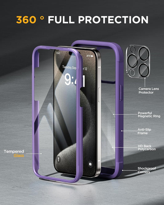 Miracase for iPhone 15 Pro Case Full-Body Built-in Glass Screen Protector& Camera Protector, Military Protective 15 Pro Phone Case Cover 6.1 inch, Purple