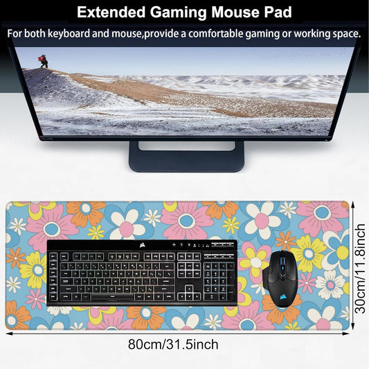 Colorful Retro Flowers Desk Mat,Large Cute Floral Gaming Keyboard Mouse Pad,Non-Slip Rubber Base Desk Pad Thick Stitched Edges Waterproof Mousepad Mouse Mat 31.5"x11.8"