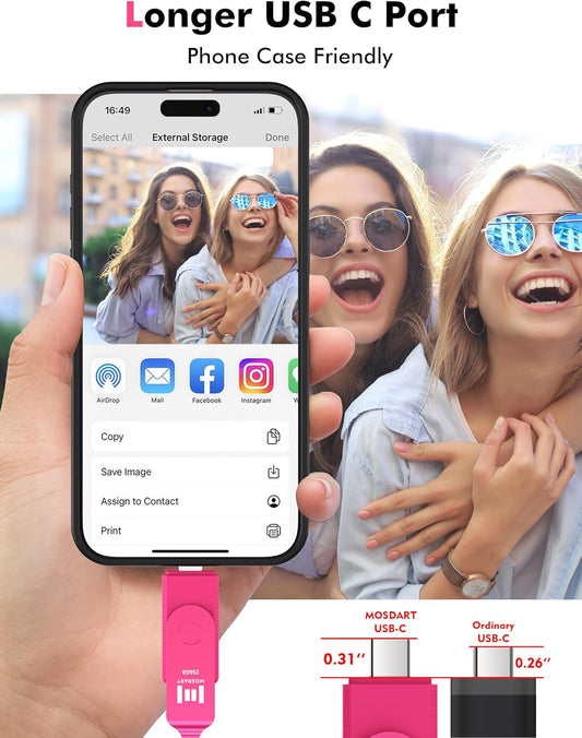 MOSDART 256GB USB3.1 Fast Speed C and A Dual Flash Drive, exFAT Memory Stick with Keychain and LED Indicator, for iPhone 15 and 16, Android Phone, iPad, MacBook, and Other Laptops, Hot Pink
