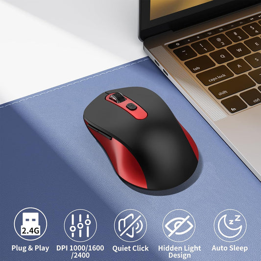 Wireless Mouse for Laptop, PC, Chromebook, Mac, MacBook, Silent Mouse with USB Nano Receiver, Side Button, 2400 DPI, Anti Slip Roller, 6 Button Ergonomics Cordless Computer Mice - Black Red