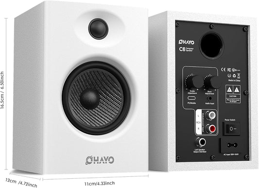 OHAYO 60W Computer Speakers for Gaming and Music, Active Bluetooth 5.3, Stereo 2.0 Speakers for Desktop PC Monitor or Laptop, Surround Sound Speaker, 3.5 mm Aux RCA Input, USB-Powered, 1 Pair, White