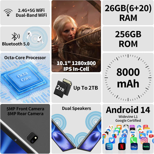 2025 Tablet, Android 14 Tablets 10 inch with Keyboard, 26GB RAM+256GB ROM(2TB Expand), 2-in-1 Tablets with 8-Core, 8000mAh, 5G WiFi, Widevine L1, GMS, with Case, Keyboard, Mouse, Stylus (Pink)