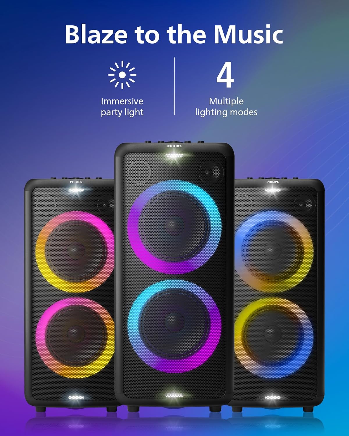 Philips X5206 bluetooth party speaker, portable with wheels, exciting light show, karaoke machine with microphone and Guitar Input, powerful bass & subwoofer, long playtime, perfect for outdoor events