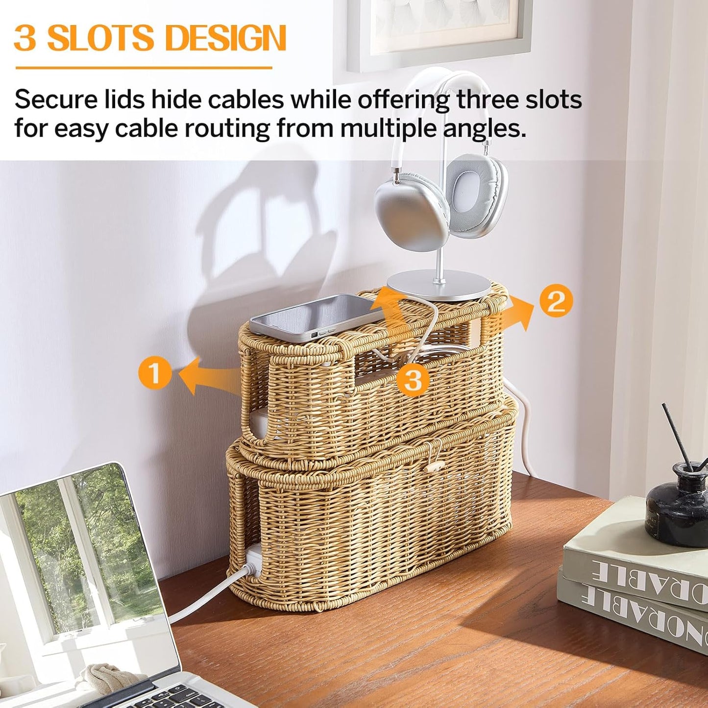 FairyHaus Cable Management Box 2Pack Caramel, Handwoven Large and Small Cable Organizer Box Cover to Hide Cords and Power Strip, Imitation Wicker Cord Organizer Box Hider for Office Desk and Floor