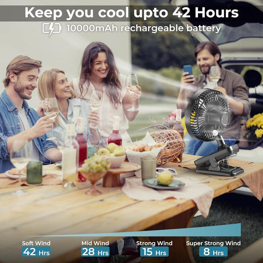 10000mAh Clip On Fan, 42H Run, Quiet & Auto Oscillating Table Fan, Rechargeable with 4 Powerful Speeds, Battery Operated Desk Fan with Sturdy Clamp for Camping Outdoor Travel RV Home Bedroom Office