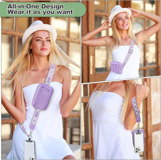 Clip and Go Strap for Phone with Wallet Crossbody, Adjustable Phone Lanyard with Detachable RFID Wristlet Wallet, Pattern Strap, Purple (M)
