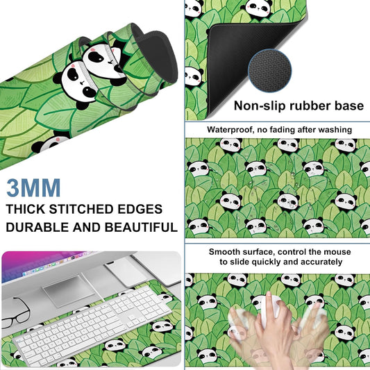 Panda and Leaves Gaming Mouse Pad 3mm Thick Stitched Edge Waterproof Non-Slip Large Computer Keyboard Mouse Mat,Suitable for Office Entertainment Decorative Desk Pad 35.4 x 15.7 Inches