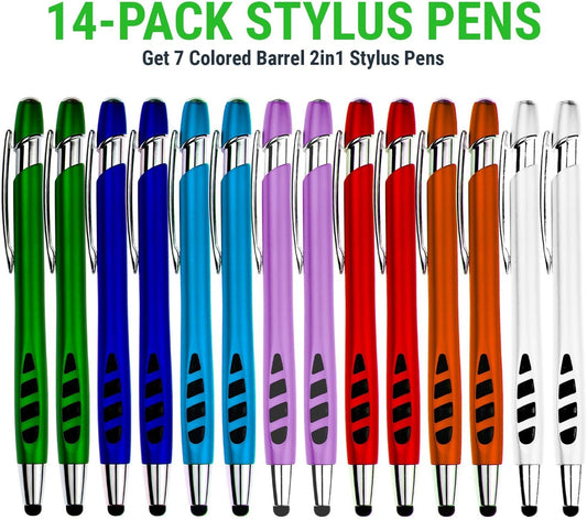 Stylus Pen for Touch Screens & Writing Pens, with Sensitive Stylus Tip - 2 in 1, for Your iPad, iPhone, Kindle, Nook, Samsung Galaxy, Tablets & Phones - Assorted Barrel Colors, Black Ink, 14 Pack