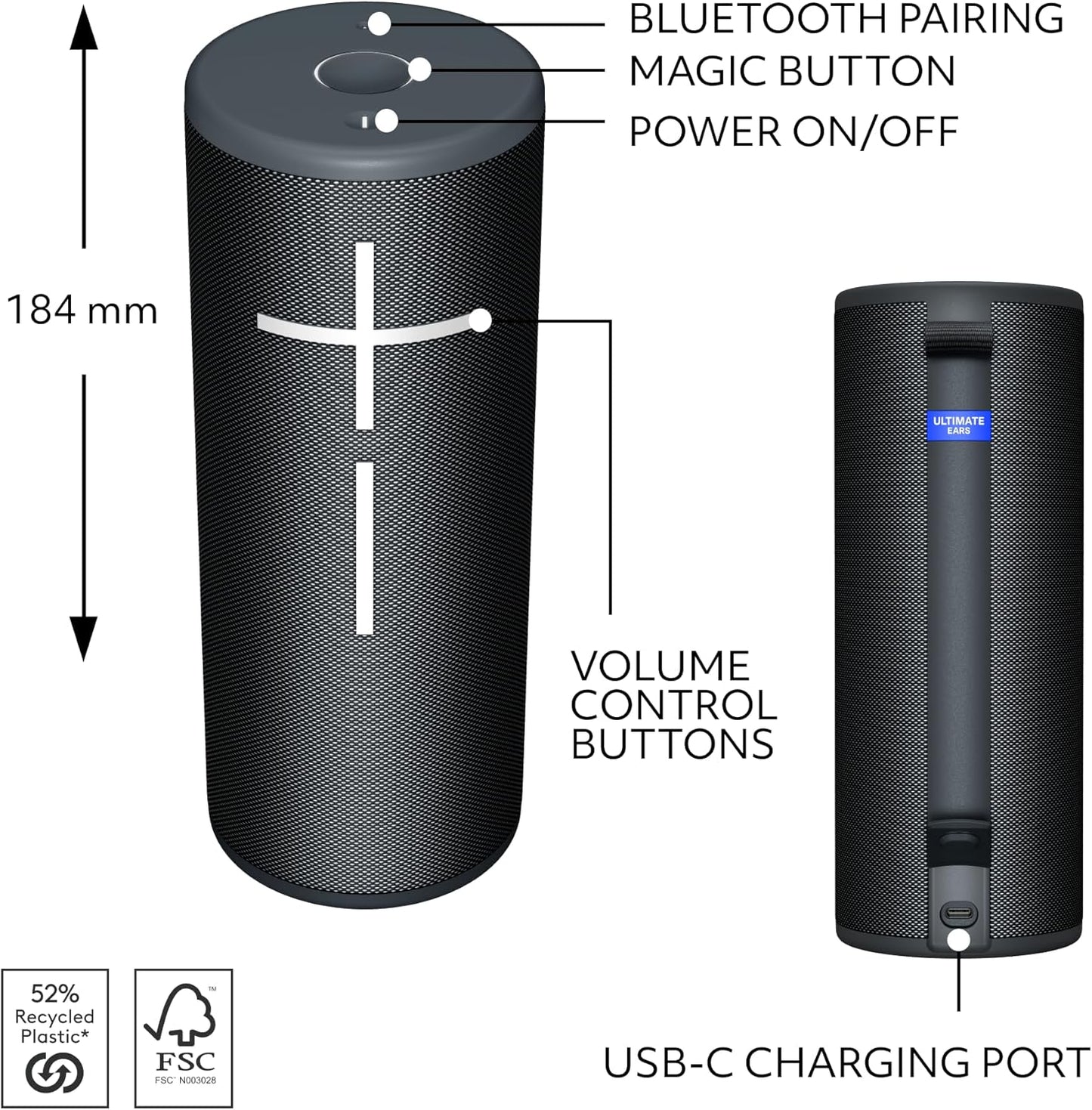 Ultimate Ears Boom 4 Portable Waterproof Bluetooth Speaker with 360-Degree Immersive Sound, Outdoor Floating Speaker, 15-Hour Battery, 147ft Range - Black