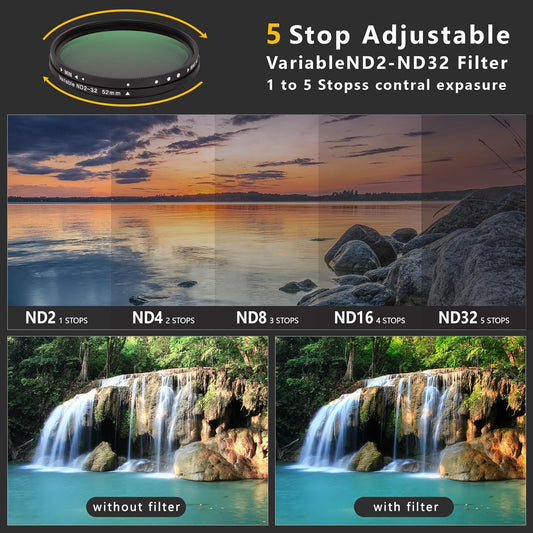 52MM Clip-on Variable ND2-32(1-5 Stops) Phone Lens Filter Kit, Ultra Slim Multi-Coated Adjustable Neutral Density Filter, Compatible for iPhone 16 15 14 13, Google Pixel and Other Smart Phones