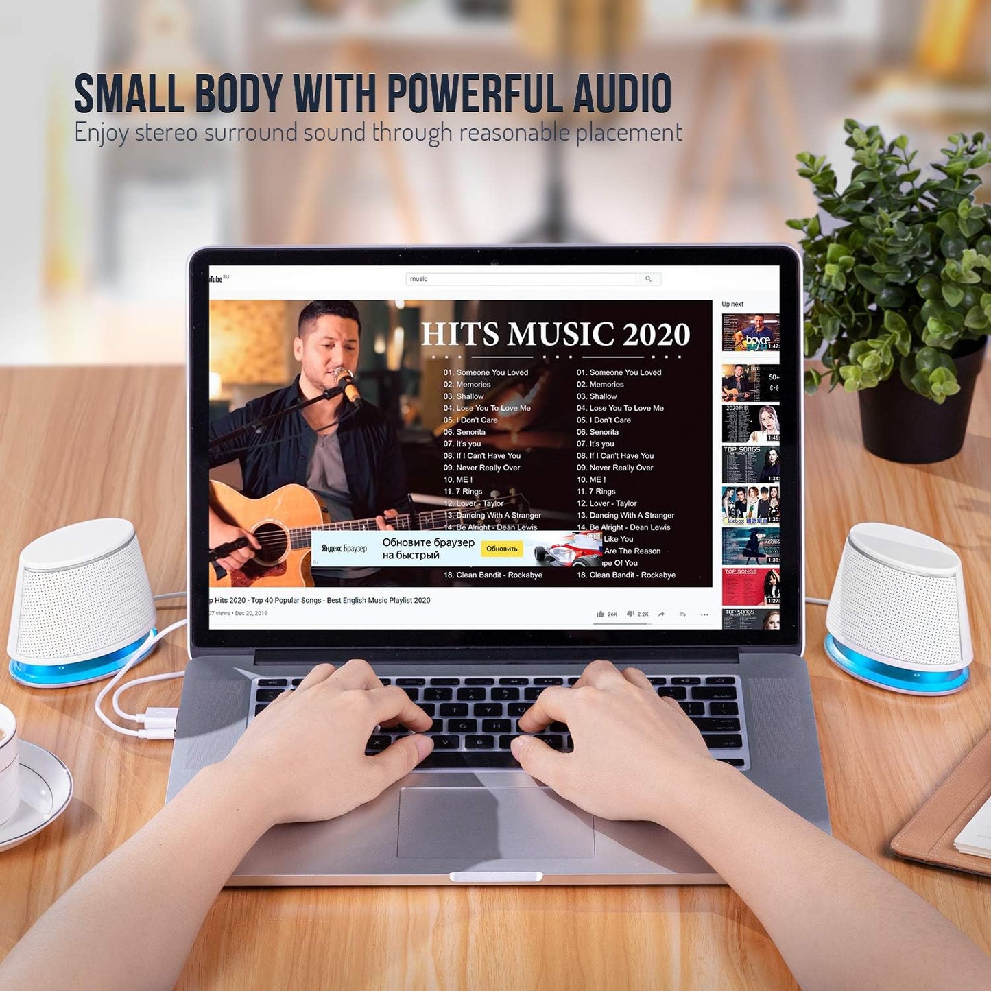 SW102 Computer Speakers, 5Wx2, Deep Bass in Small Body, Stereo 2.0 USB Powered 3.5mm Aux Multimedia Speakers, Built-in Bottom Bass Radiators, PC Laptop Desktop Speakers, White