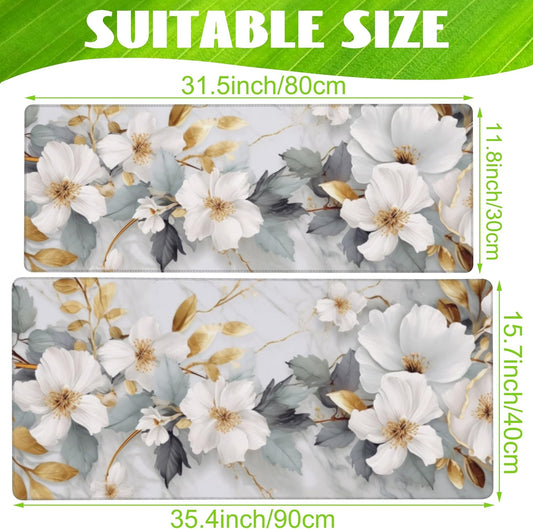 Desk Mat,White Gold Marble Desk Pad,White Flowers Golden Leaves Large Gaming Mouse Pad for Desk,Extended Big Computer Keyboard Mouse Pad with Non-Slip Base and Stitched Edge,31.5"x11.8"