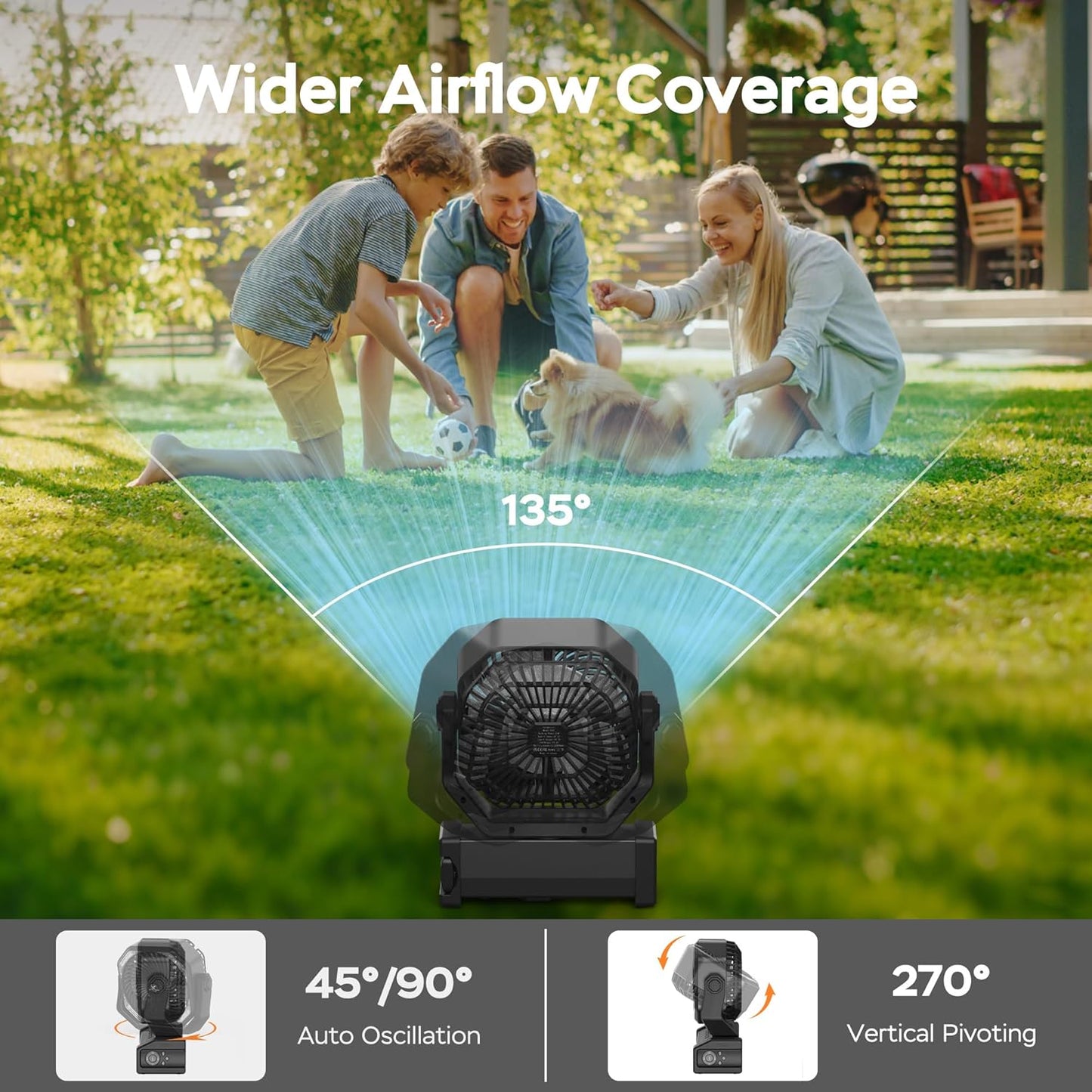 KITWLEMEN Camping Fan with Light - 20000mAh Rechargeable Battery Fan, 60Hrs Max Run Time, 4 Speeds, Timer, Auto Oscillation, 270° Pivot & Hook for Camping, Power Outage, Hurricane