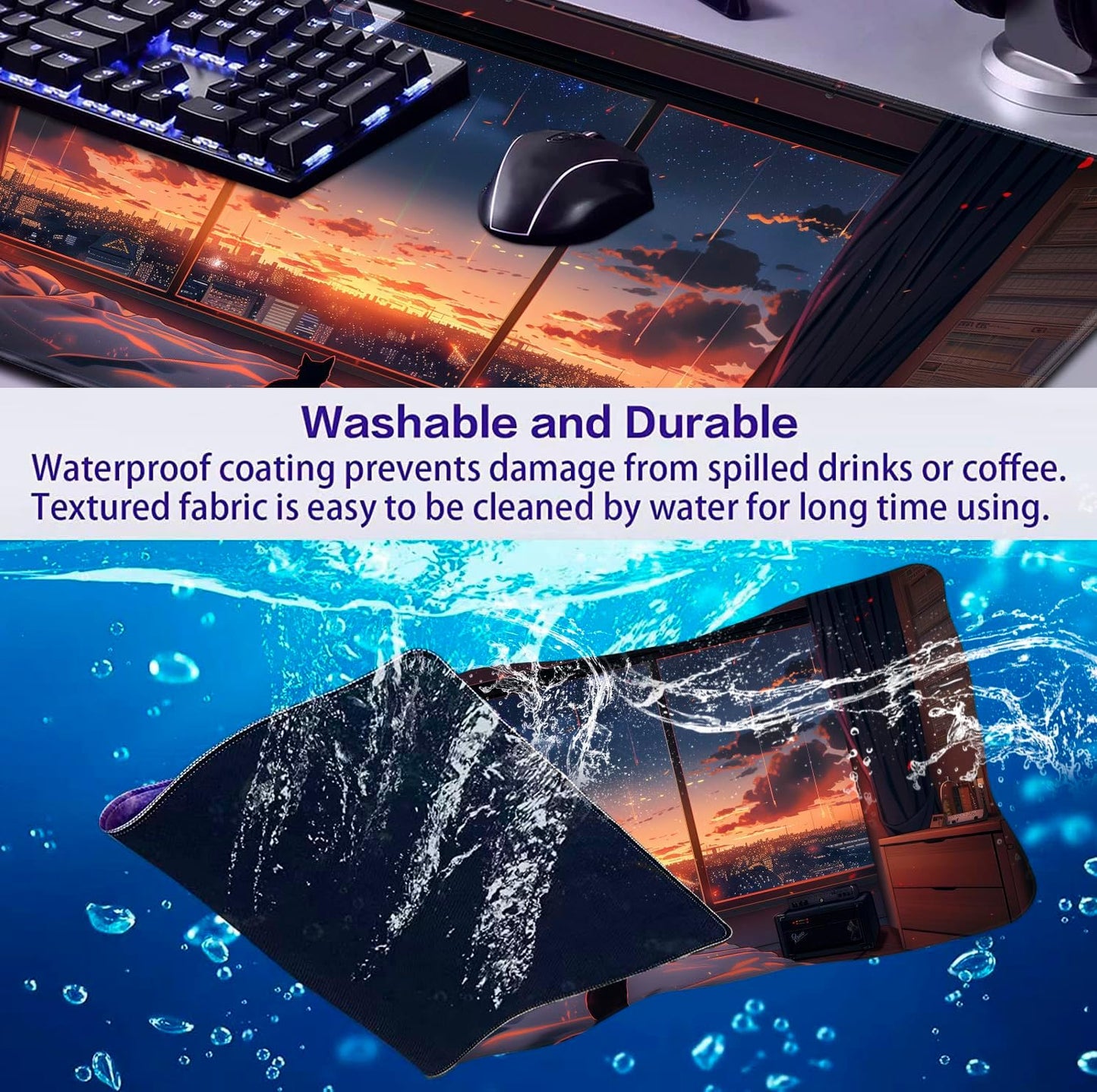 Anime Cat Fantasy Window Mouse Pad, Summer Mouse Pad Large Healing Night Scene, Game Table Pad XL Office Decoration Women's Laptop Keyboard Pad 35.4 x 15.7 x 0.12 Inches