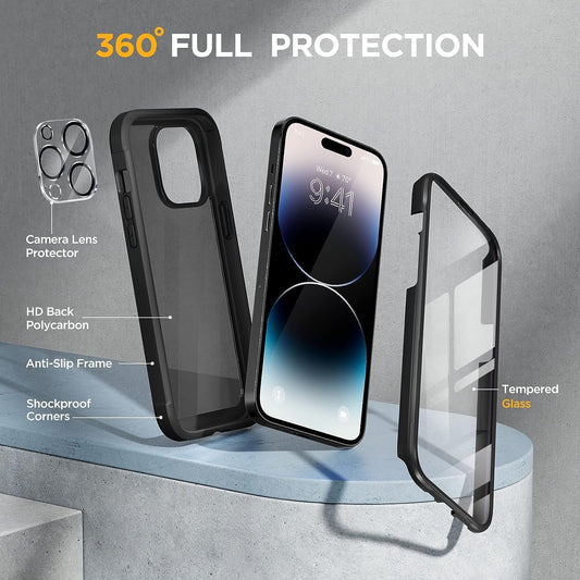 Miracase Glass Series Designed for iPhone 14 Pro Case 6.1 Inch, Upgrade Full-Body Bumper Case with Built-in 9H Tempered Glass Screen Protector, with Camera Lens Protector, Matte Black