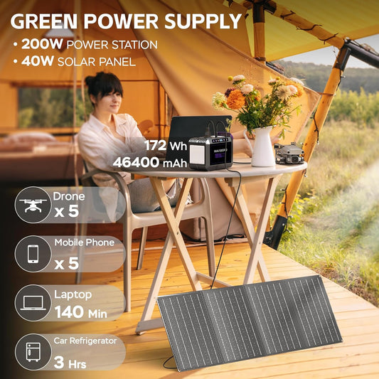 MARBERO 172Wh Solar Generator with 40W Solar Panel, Portable Power Station 200W, Camping, Outdoor, Hiking, Fishing, Emergency