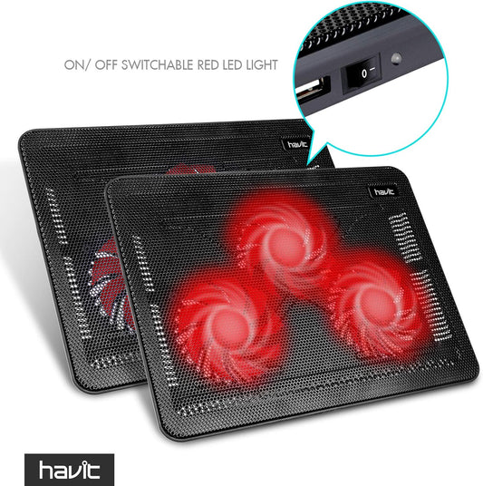 Havit HV-F2056 15.6-17 Inch Laptop Cooler Cooling Pad - Slim Portable USB Powered (3 Fans) (Black+Red)
