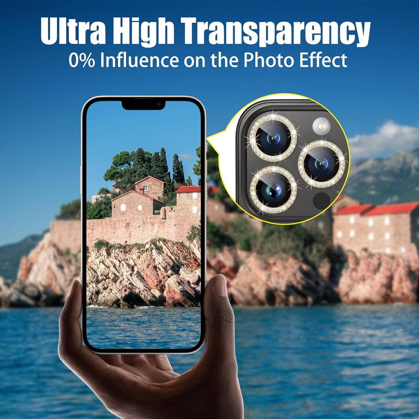 AGVEE 3+3 6 Pack for iPhone 15 Pro/Pro Max, Bling Diamond & Glitter Metal Ring 9H Tempered HD Glass Camera Protector Cover Film, Gold