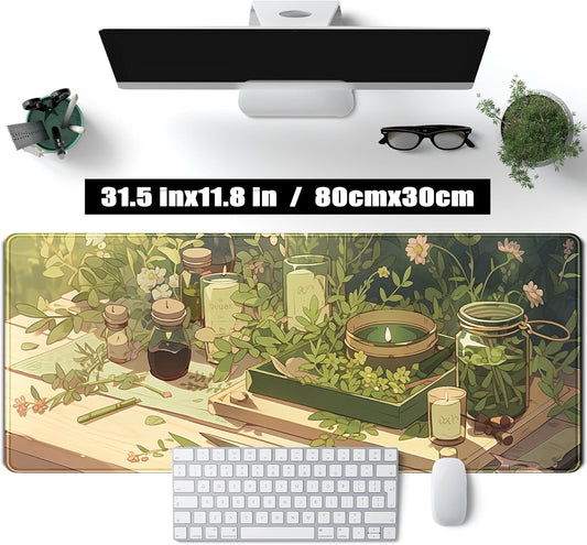 Green Gardener Desk Mat Anime Forest XL Gaming Mouse Pad Plant Lover Desk Pad with Stitched Edges, Women Desktop Decor Mousepad Laptop Computer Keyboard and Mouse Mat Desk Accessories 31.5x11.8 in