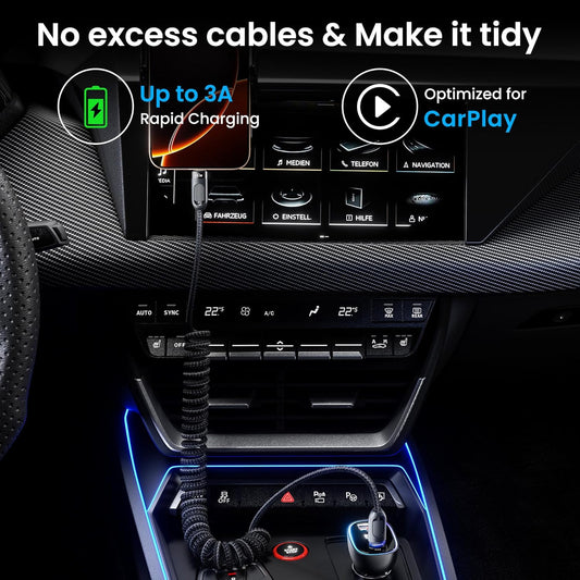 Coiled USB A to USB C 2Pack 3FT Braided Retractable Fast Charging Cable for Car, Compatible with iPhone 16/15 Pro Max/Galaxy S24/S23/S22, Supports Car Play & Android Auto-Black