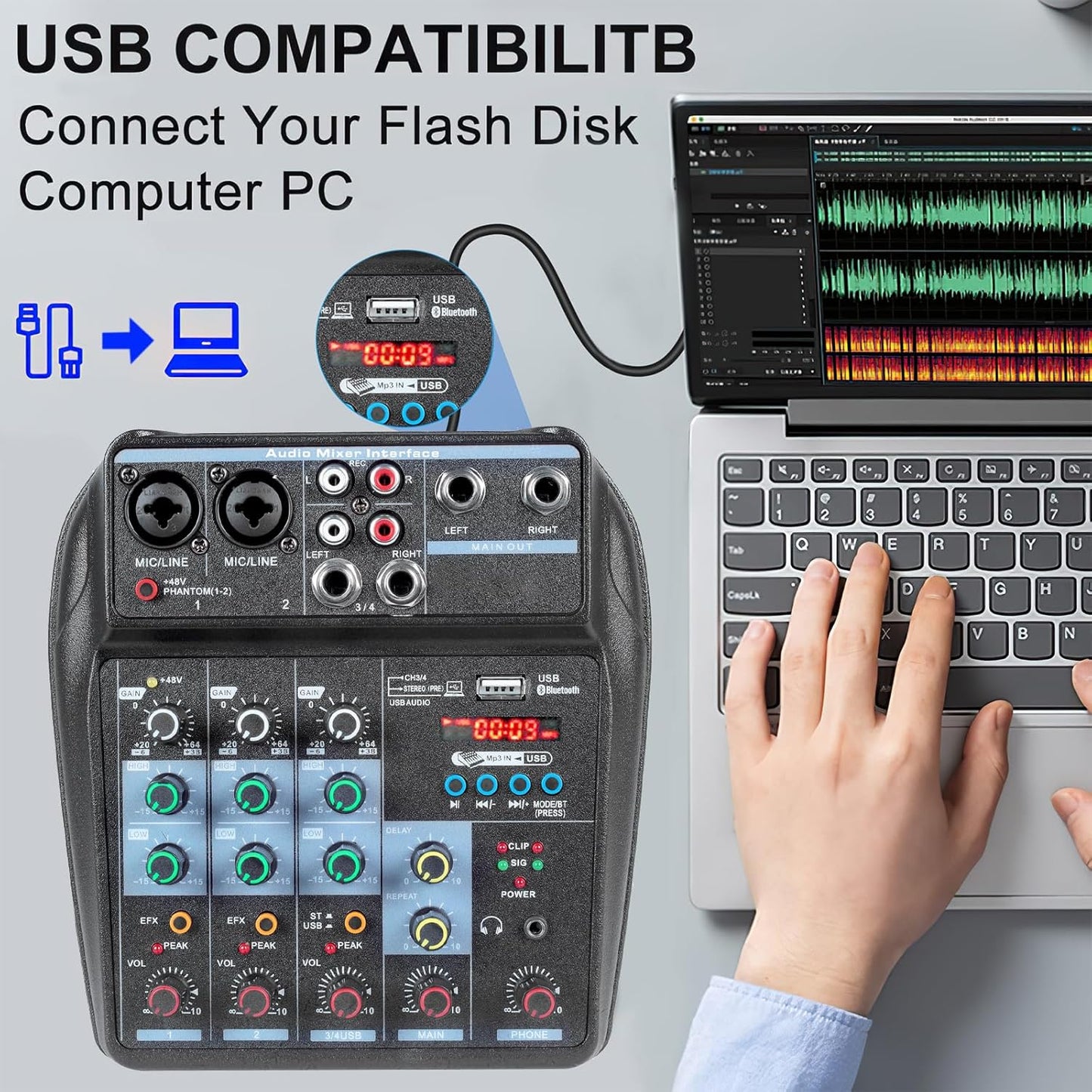 Dj Mixers 4 Channel Audio Mixer Sound Board with Bluetooth, Portable Usb Audio Interface with 48V Phantom Power Small Sounds Mixer Board with FX Delay Effect for Streaming