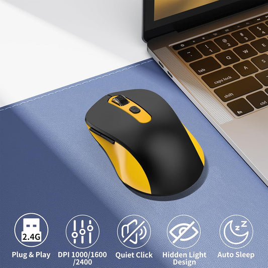 Wireless Mouse for Laptop, PC, Chromebook, Mac, MacBook, Silent Wireless Mouse with USB Nano Receiver, Side Button, 2400 DPI, Anti Slip Roller, 6 Button Ergonomics Cordless Computer Mice -Black Yellow