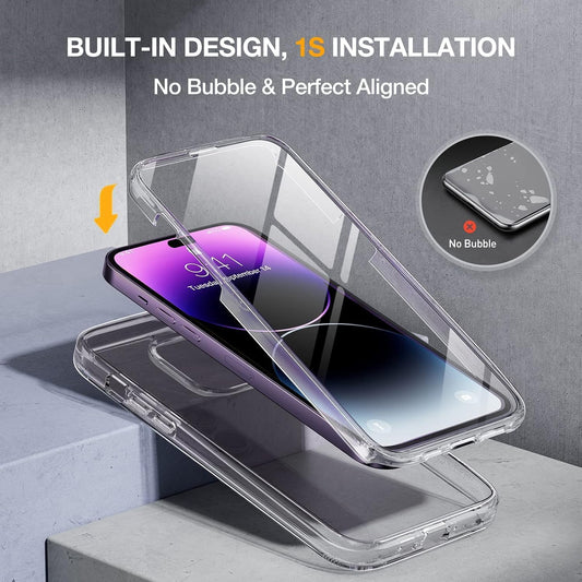 Miracase Glass Series Designed for iPhone 14 Pro Case 6.1 Inch, Upgrade Full-Body Bumper Case with Built-in 9H Tempered Glass Screen Protector, with Camera Lens Protector, Clear