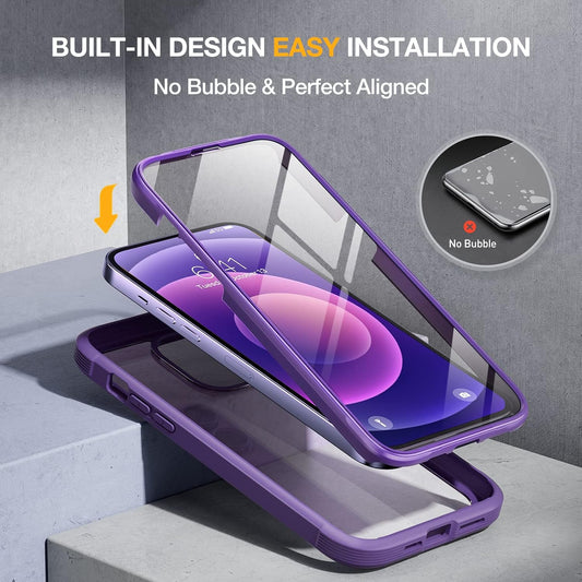 Miracase Glass Series for iPhone 12/12 Pro Case 6.1 inch, Upgraded Full-Body Rugged Phone Bumper Case Cover with Built-in 9H Tempered Glass Screen Protector and Camera Protector, Purple