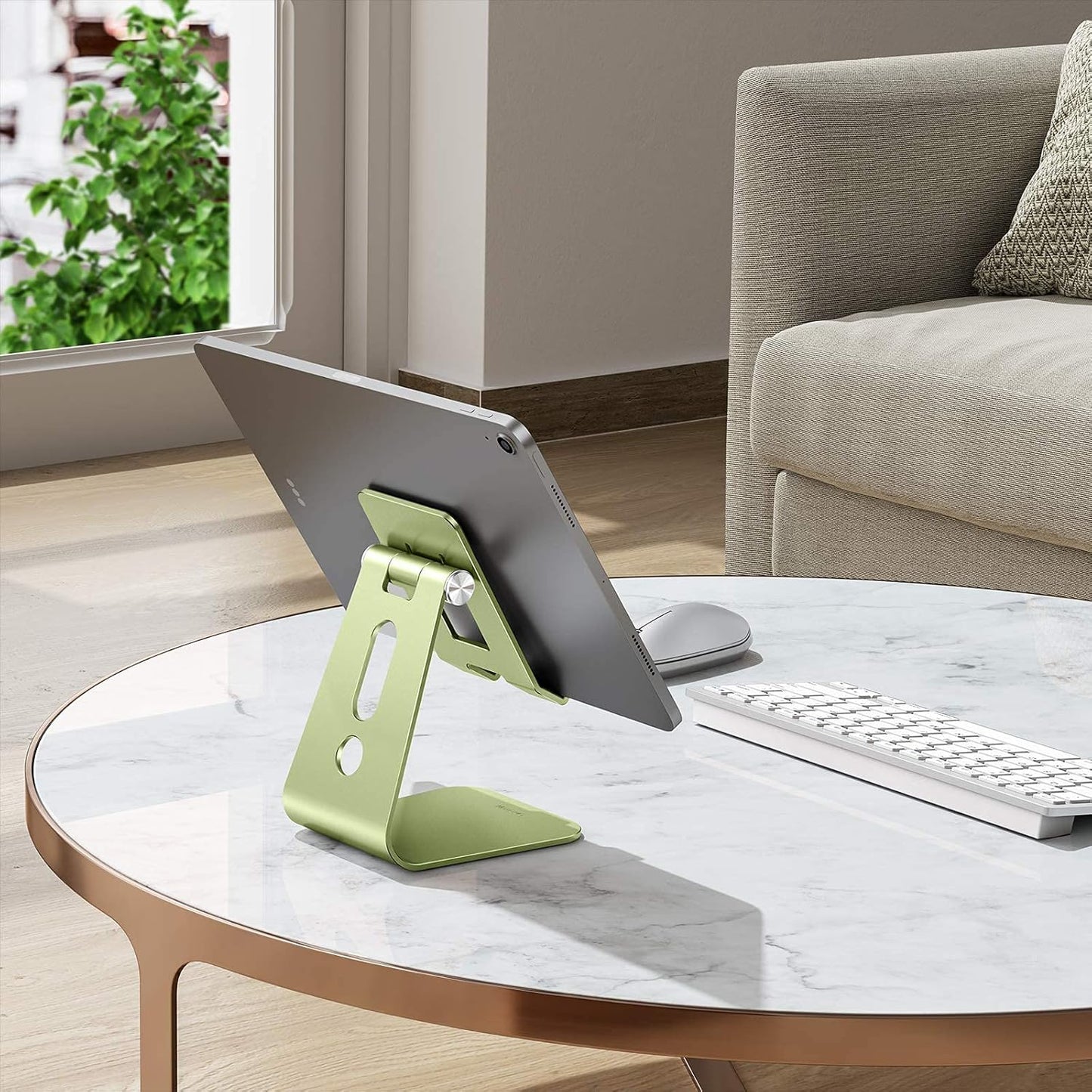 OMOTON Adjustable Tablet Stand for Desk, Upgraded Longer Arms for Greater Stability, T2 Tablet Holder with Hollow Design for Bigger Sized Phones and Tablets Such as iPad Pro/Air/Mini, Green