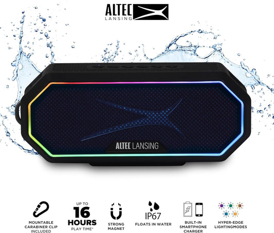 Altec Lansing Magnetic Bluetooth Speaker HYDRAJOLT 2.0, Waterproof IP67, 12W Output Power, 16H Battery, Multicolor LED, 100ft Wireless Range, Voice Assistant, USB-C Quick Charge