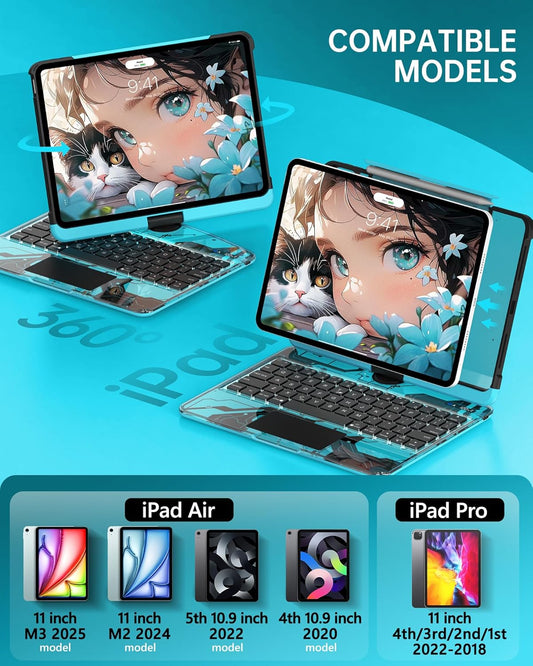 Intermerge Clear Keyboard Case for iPad Air 11" (M3/M2, 2025/2024), Air 5th/4th, Pro 11" 2022-2018, 360° Swivel Multi-Touch Trackpad, 7-Color Backlit, Pencil Holder, Type-C, Aqua Pulse