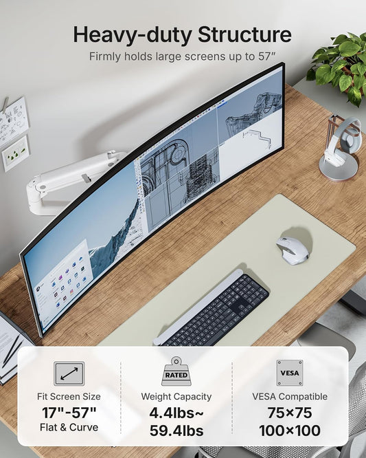 monTEK Single Monitor Arm with USB A/C, Ultrawide Monitor Stand for 17 to 57 Inch Curved Screen, Holds 59.4 lbs, Adjustable Gas Spring Arm, 75/100 VESA Mount, Clamp & Grommet Desk Mount, White