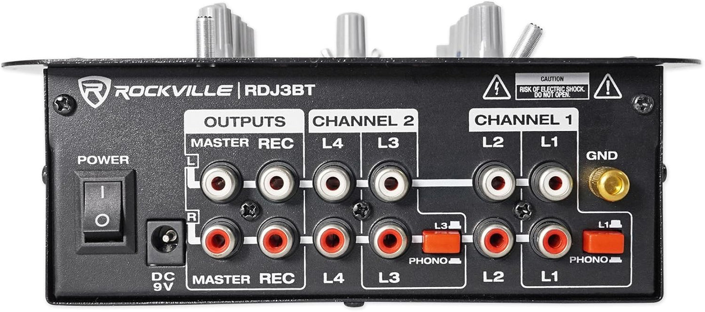 Rockville RDJ3BT 2 Channel DJ Mixer with USB, Bluetooth, Talkover, 4 Line Inputs
