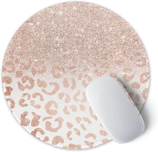 ITNRSIIET Round Mouse Pad with Stitched Edge Premium-Textured Waterproof Non-Slip Rubber Base Desktop Protection Mat Diameter 8.7 inches, Rose Gold Leopard Print