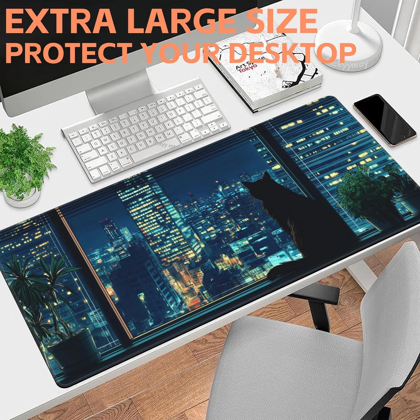 Mouse Pad Large Black Cat Non-Slip Gaming Desk Mat with Stitched Edge Laptop Keyboard Desk Pad for Work Home Gaming (35.4 x 15.7 Inches)