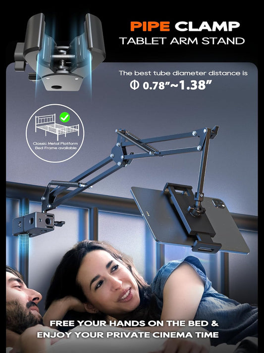 Tablet Stand, Tablet Mount Adjustable with Clamp for Round tube, Universal Flexible Tablet Holder with 360 Degree Rotation for iPad/iPhone/iPad Pro/N-Switch,or Other 4.5~13.5 Inches Devices (Black)