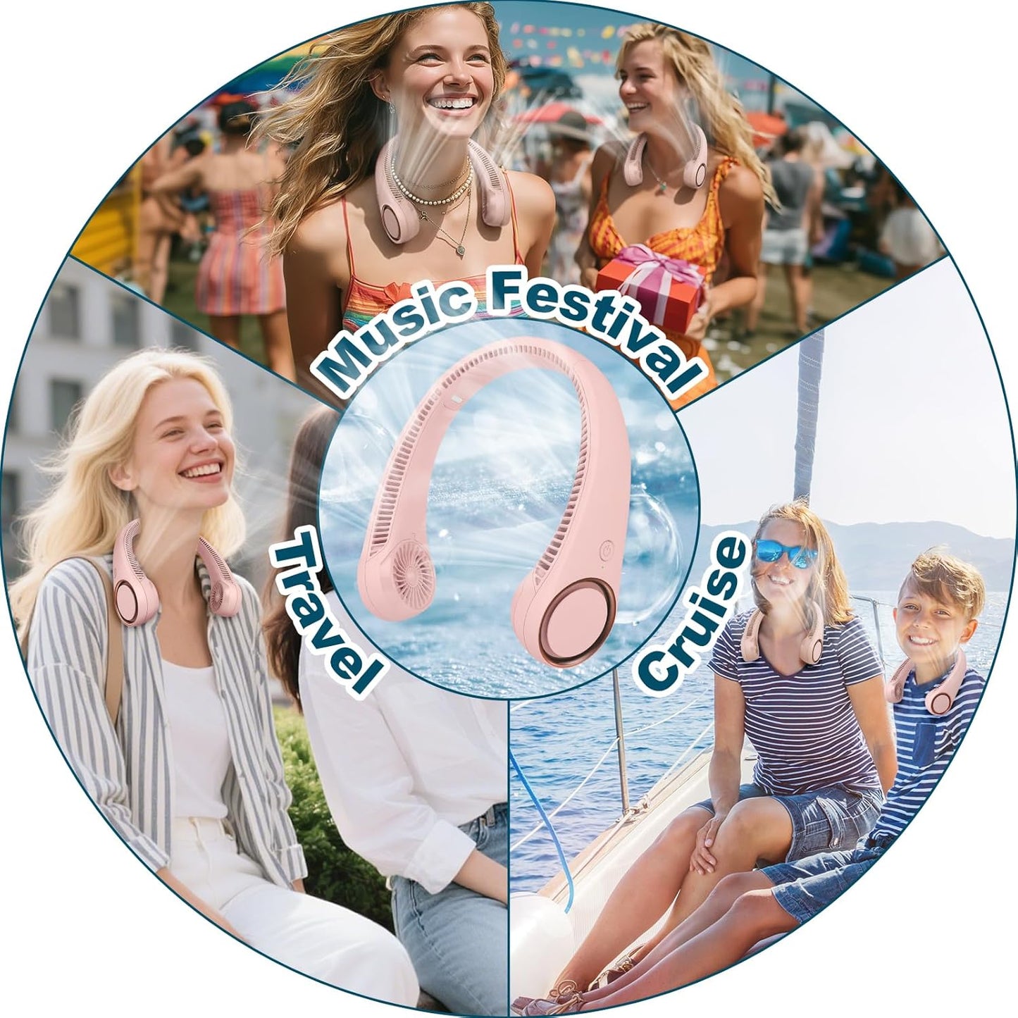 CIVPOWER Neck Fan: Portable Personal Neck Cooling Rechargeable Bladeless Fan - Hands Free 3 Speed 4000 mAh Battery USB Operated Wearable Headphone Design - for Men Women Outdoor Indoor (Pink)