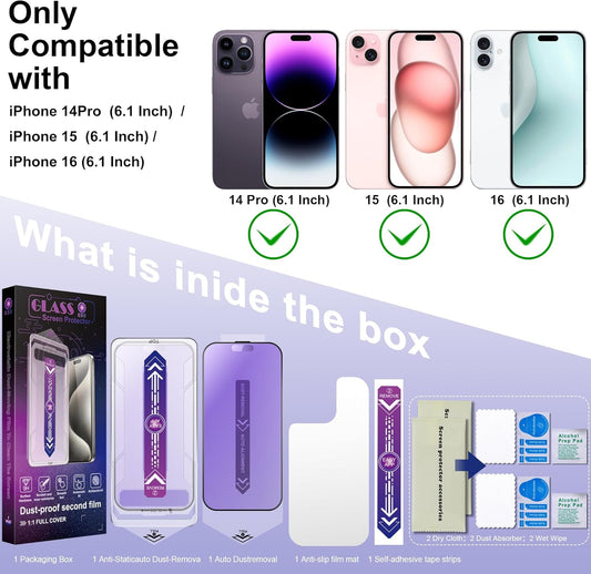 2 Pack Anti Blue Light Matte Screen Protector for iPhone 16 and iPhone 15 and iPhone 14 Pro 6.1-Inch Auto Dust Removal, No Bubbles, Tempered Glass Film, Easy Installation