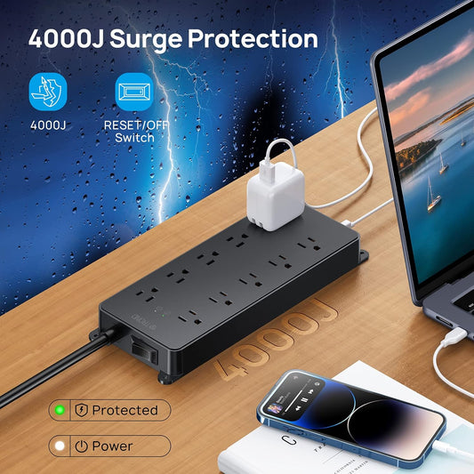 TROND Power Strip Surge Protector, 4000J, ETL Listed, 10 Widely Spaced Outlets with 2 USB A and 2 USB C, Flat Plug 5ft Extension Cord, Wall Mountable, 14AWG Heavy Duty, for Home Office Garage, Black
