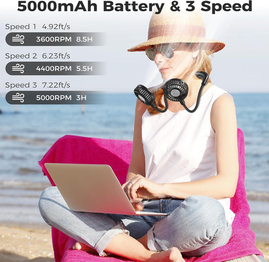 COMLIFE Portable Neck Fan, 5000mAh Rechargeable Battery Powered, 3 Speeds, 360°Adjustable, Double Cooling, Hands-Free Personal Wearable USB Neckband Fan for Home Office Outdoor Travel Sports