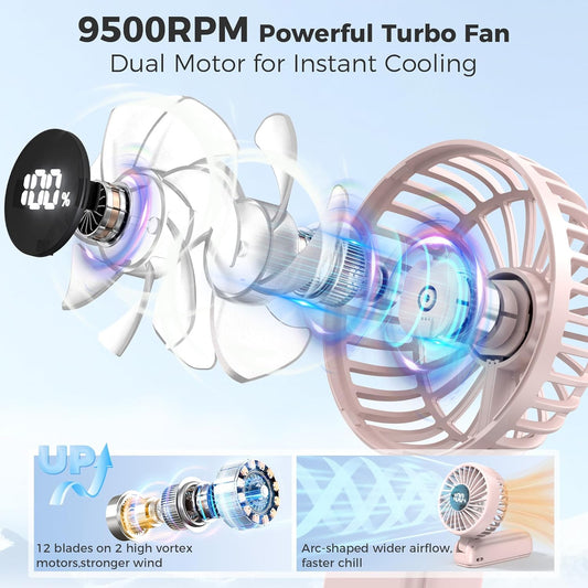 Portable Handheld Fan, 5000mAh Rechargeable Battery, Max 15H Cooling, 4 Speeds, LED Display, Foldable Design, 3-IN-1 Personal Pocket Fan with lanyard for Travel Outdoors Makeup Concert Commute