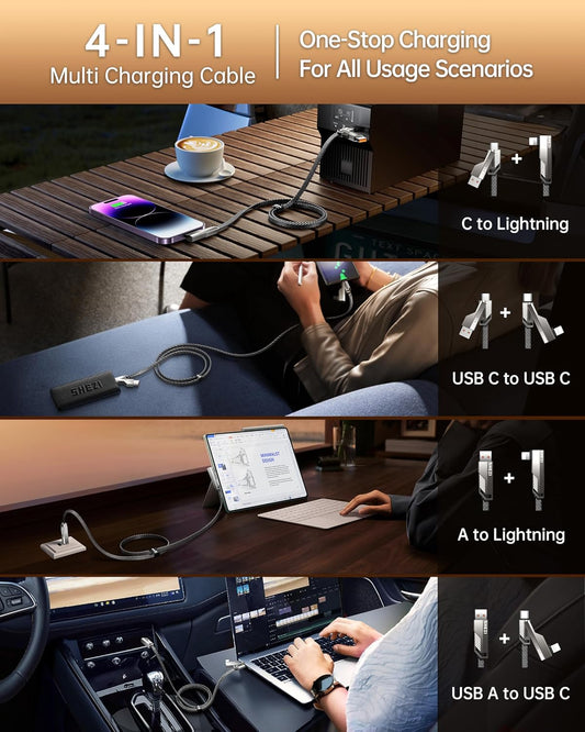 4-in-1 USB C Cable 3FT Compatible with Lightning Cable 90 Degree Fast Charging Flat Nylon Braided for iPhone/iPad Charger Cord Multi Charge Cord with L/USB C/USB A Ports, Grey