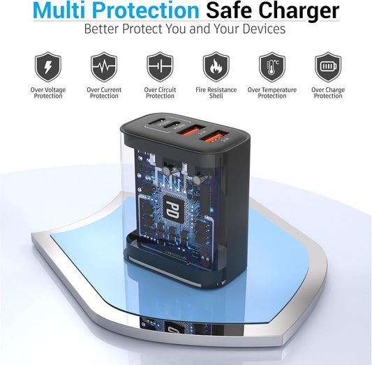 USB C Block 40W, 4 Ports Wall Plug Fast Charging Block, PD+QC Multiport Power Adapter USB C Charger Type C for iPhone 16,15,14,13,12,11, Pro Max, X, Xr, Xs, 8, 7, Watch, Galaxy Phones-Black 1Pack