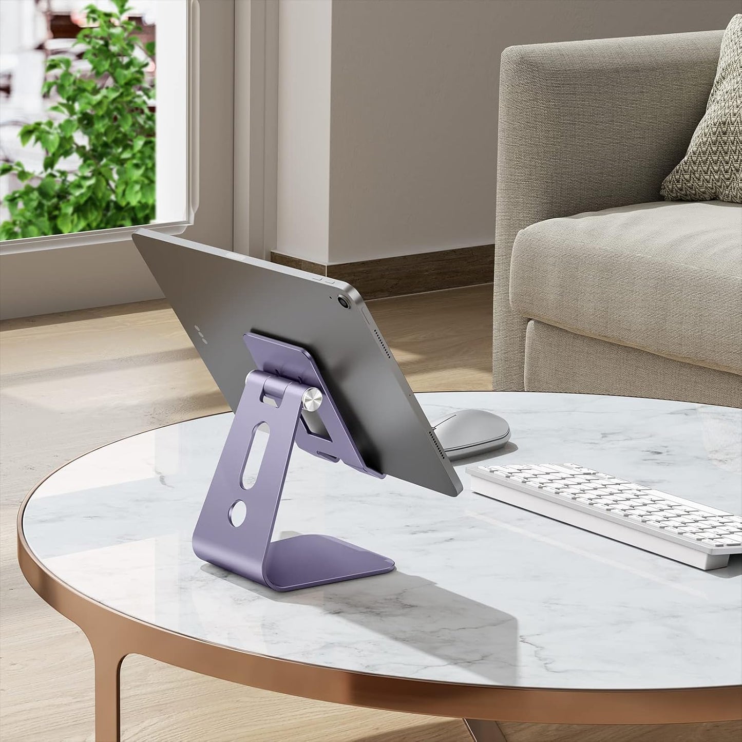 OMOTON Adjustable Tablet Stand for Desk, Upgraded Longer Arms for Greater Stability, T2 Tablet Holder with Hollow Design for Bigger Sized Phones and Tablets Such as iPad Pro/Air/Mini, Purple