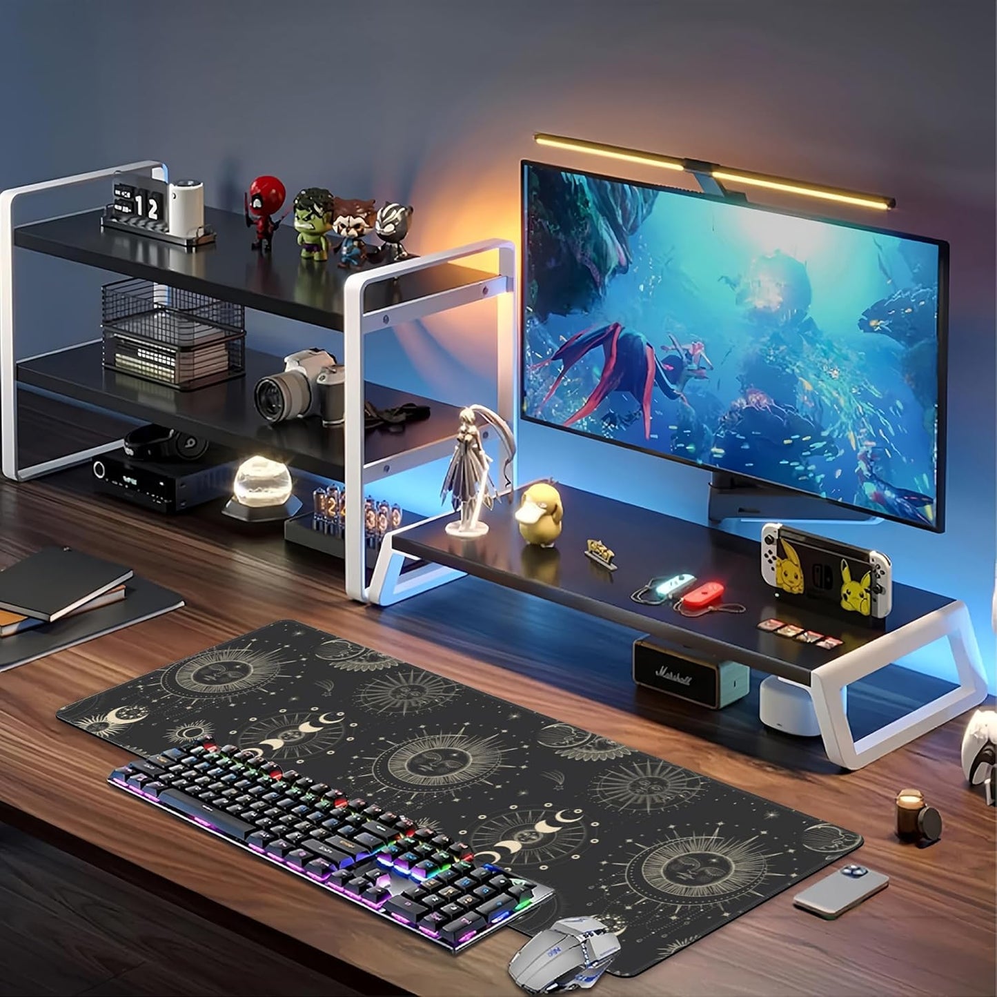 Phase of The Moon Desk Mat,Large Moon Phase Changes Gaming Keyboard Mouse Pad,Non-Slip Rubber Base Desk Pad Thick Stitched Edges Waterproof Mousepad Mouse Mat 31.5"x11.8"